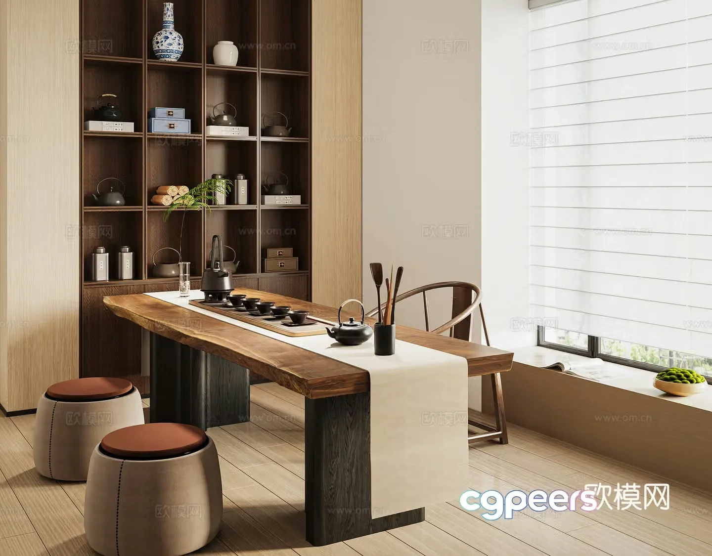 New Chinese-style tea room solid wood tea table and chairs tea set ceramic decoration 3D model