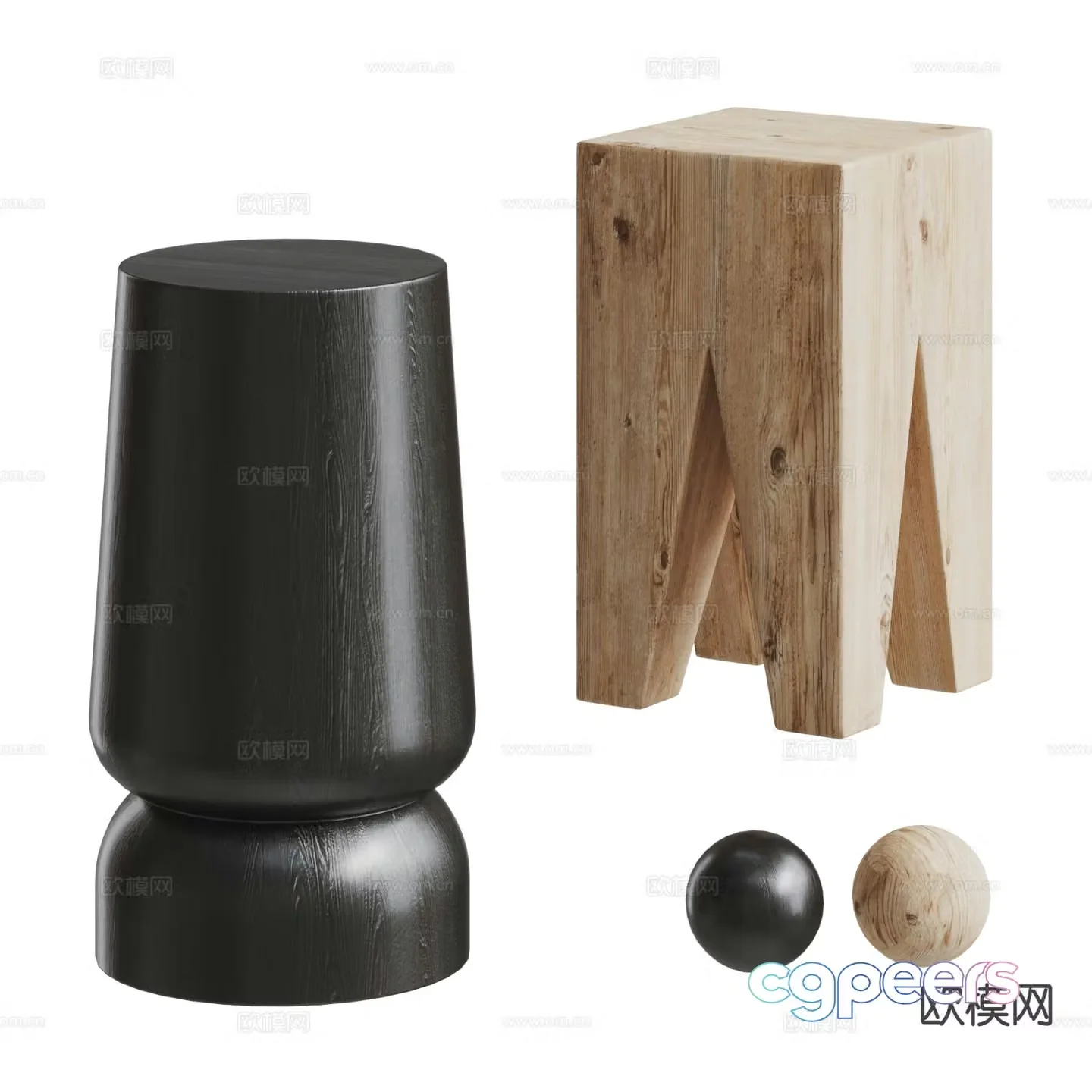 Solid wood stool low stool round table 3D model