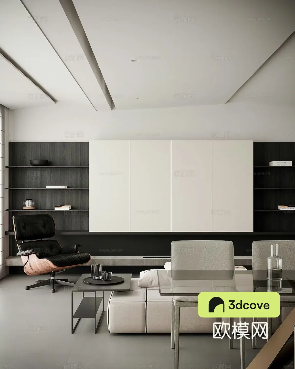 Modern Italian home living room Eames lounge chair Metal furniture Horizontal hall Minimalist cabinet Water bar