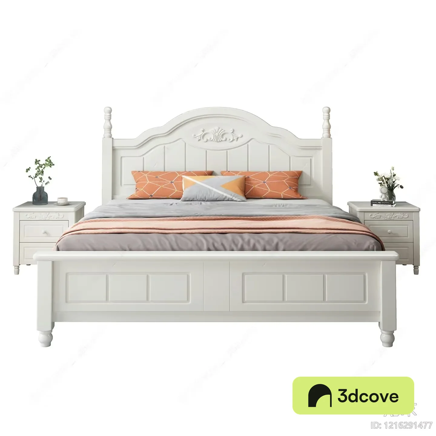 A White Bed With A Carved Headboard