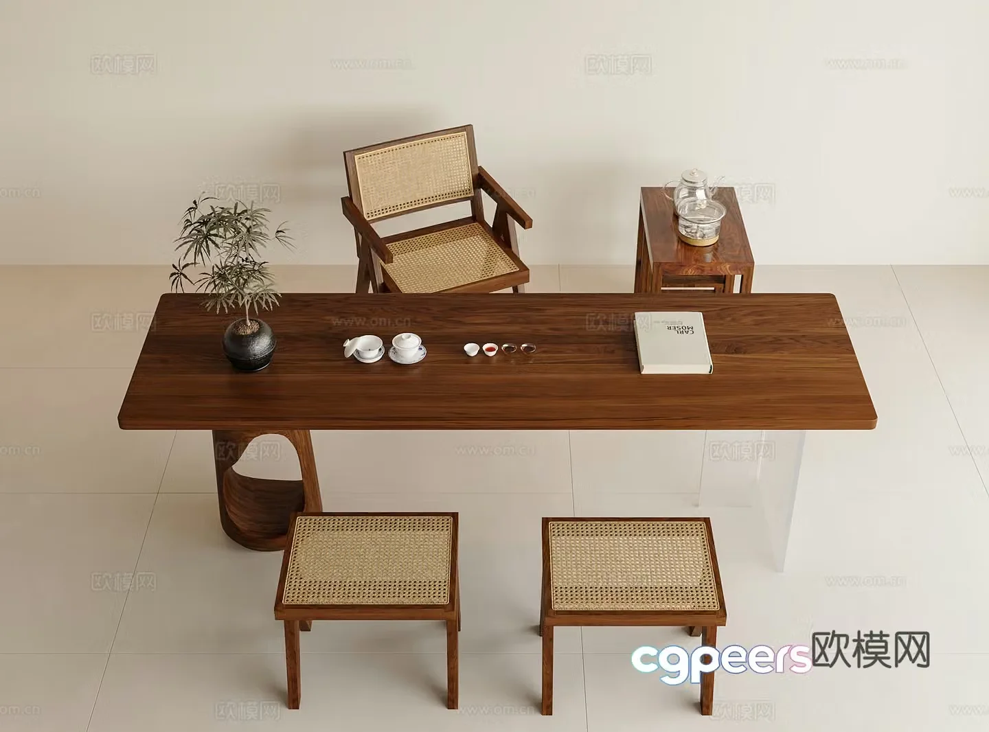 Middle-aged tea table and chairs Tea table Tea table rattan chairs Tea sets Large board table Green plant decorations Small push 3D model