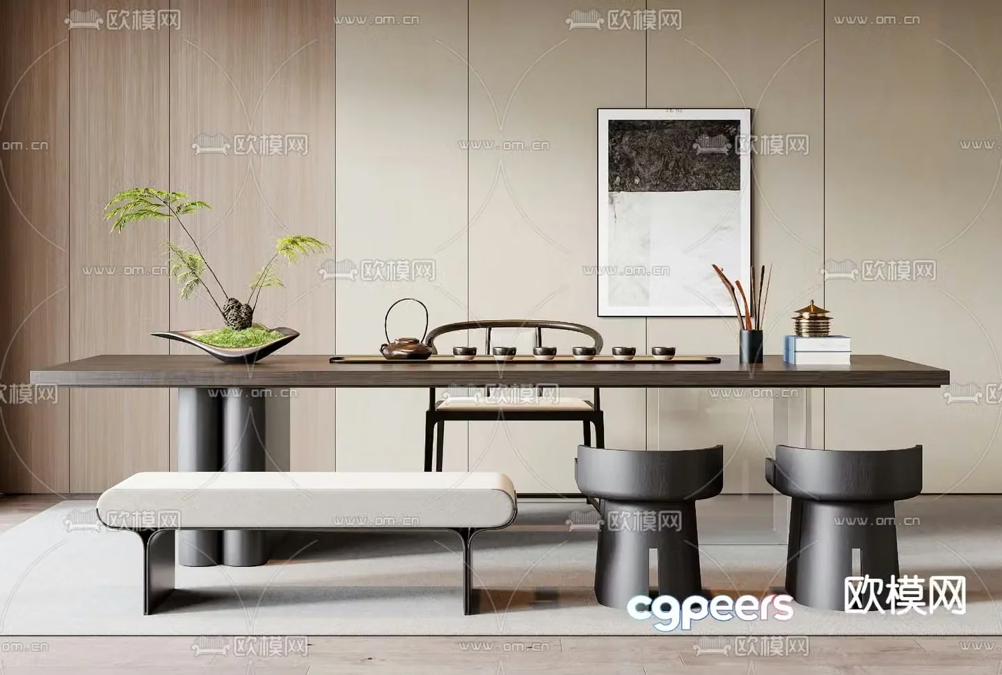 Modern wooden tea table and chairs 3d model