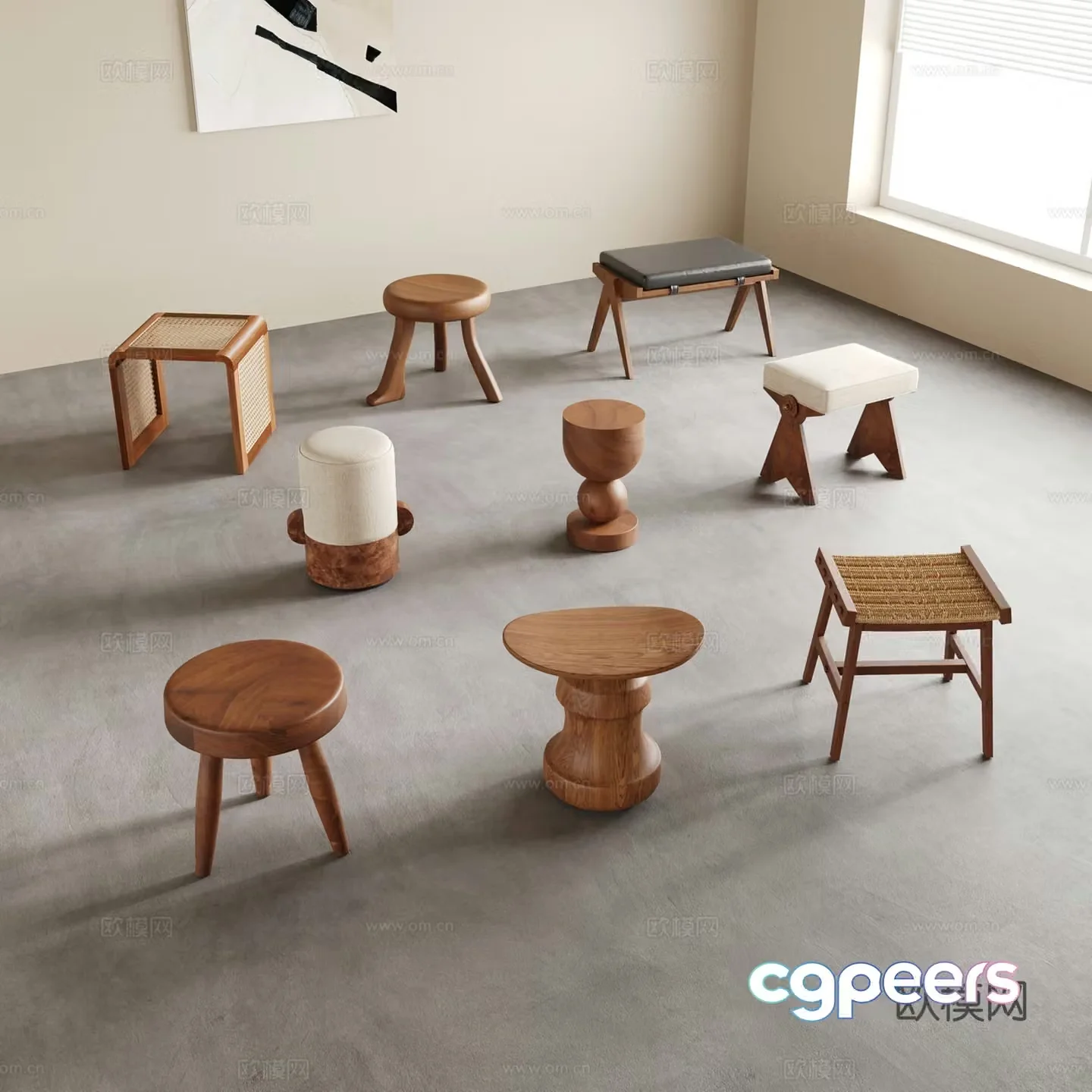 Middle-aged style stool round stool sofa stool shoe change stool wooden stool 3d model