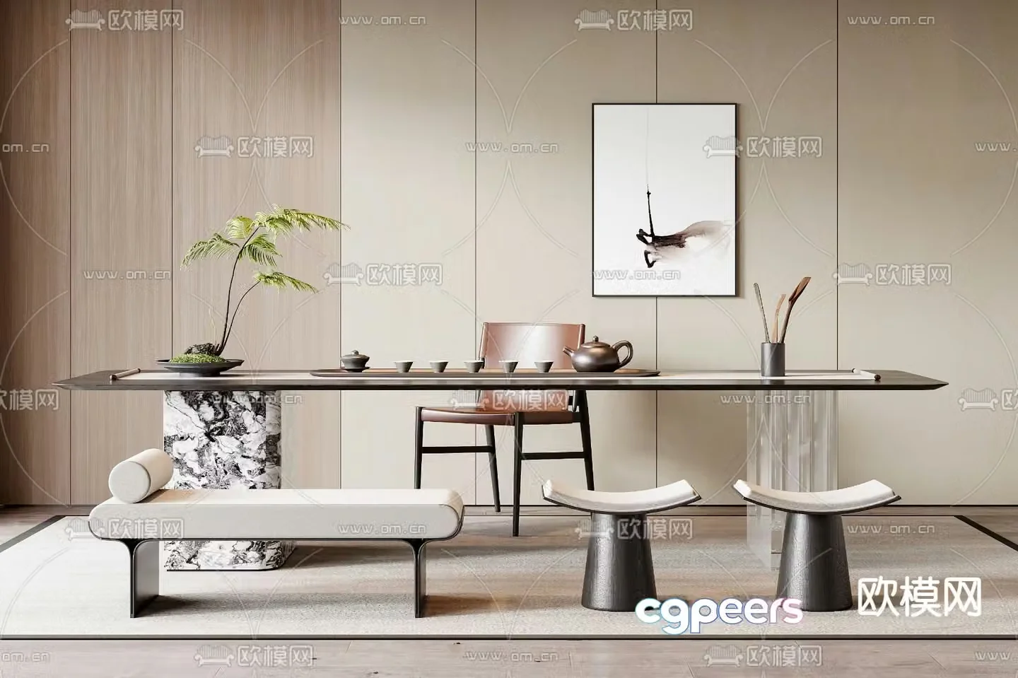 Modern tea table and chairs 3d model