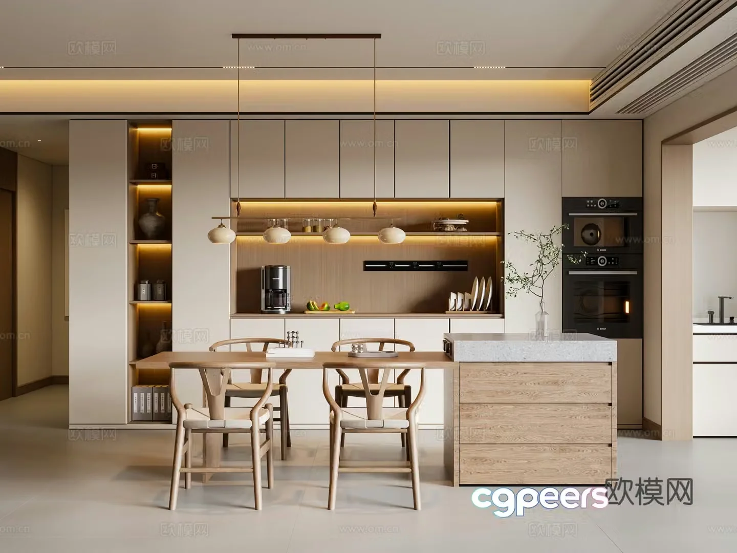 New Chinese Song style restaurant dining table and chair chandeliers sideboard wine cabinet 3D model