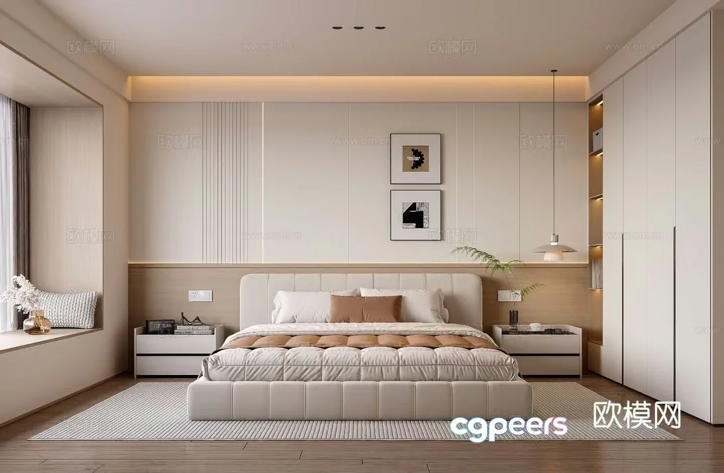 Modern cream style home bedroom double bed vase ornament chandelier wardrobe sculpture 3d model