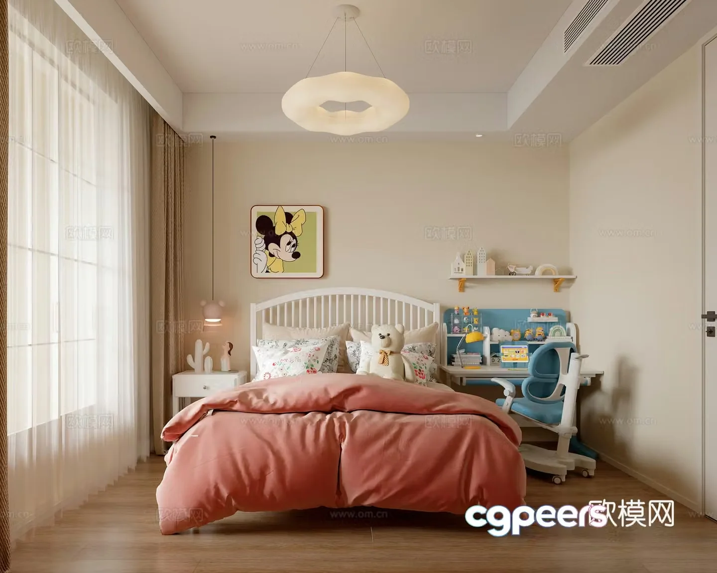 Creamy children’s room Creamy bedroom Desk Study Modern Bedroom Simple bedroom 3D model