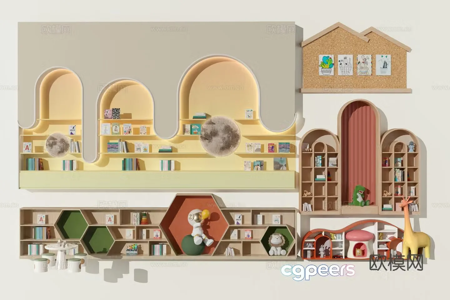 Modern kindergarten bookshelf children’s cabinet cork model bookcase 3D model