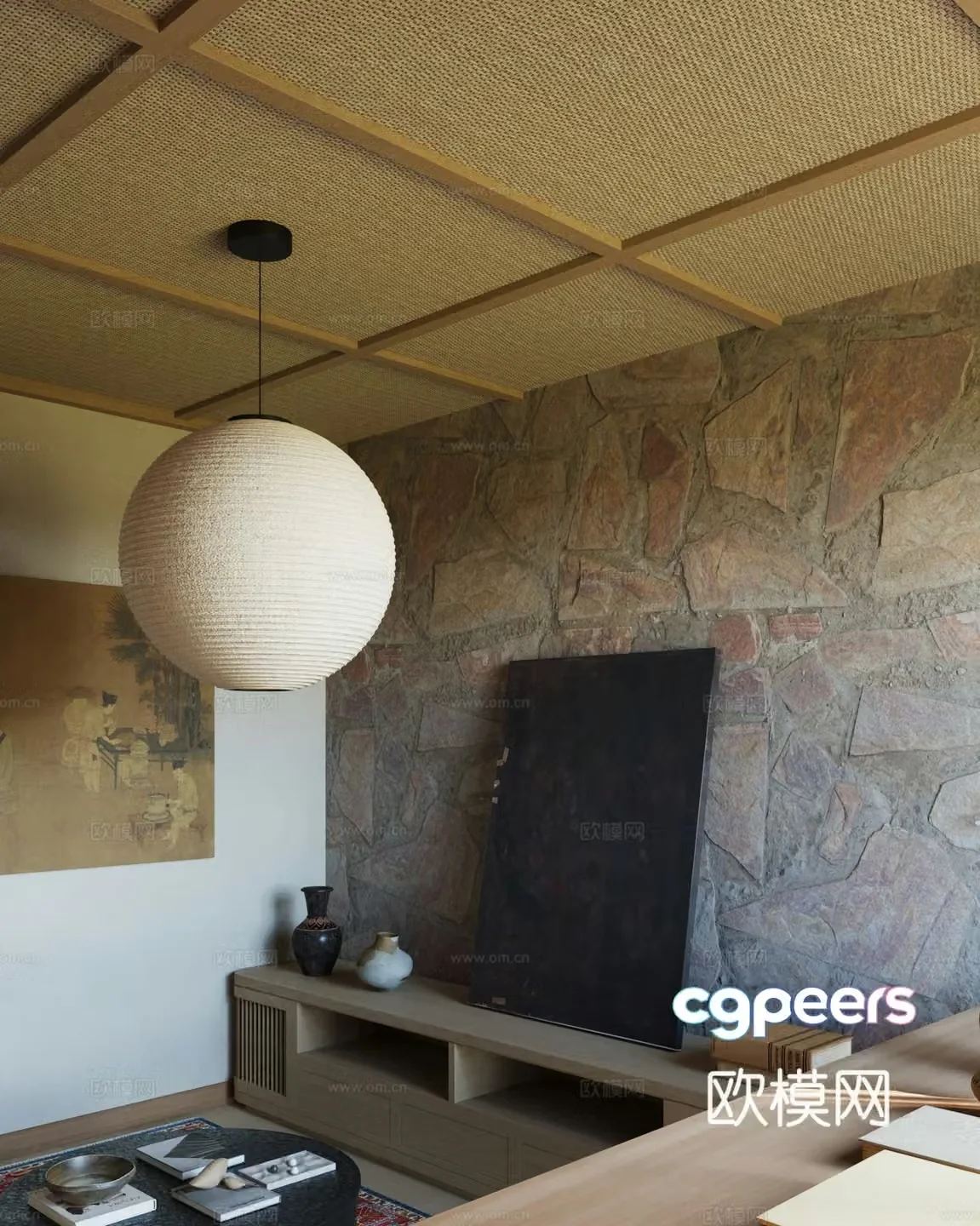 A corner of the new Chinese-style B&B with decorative paintings and ornaments 3D model