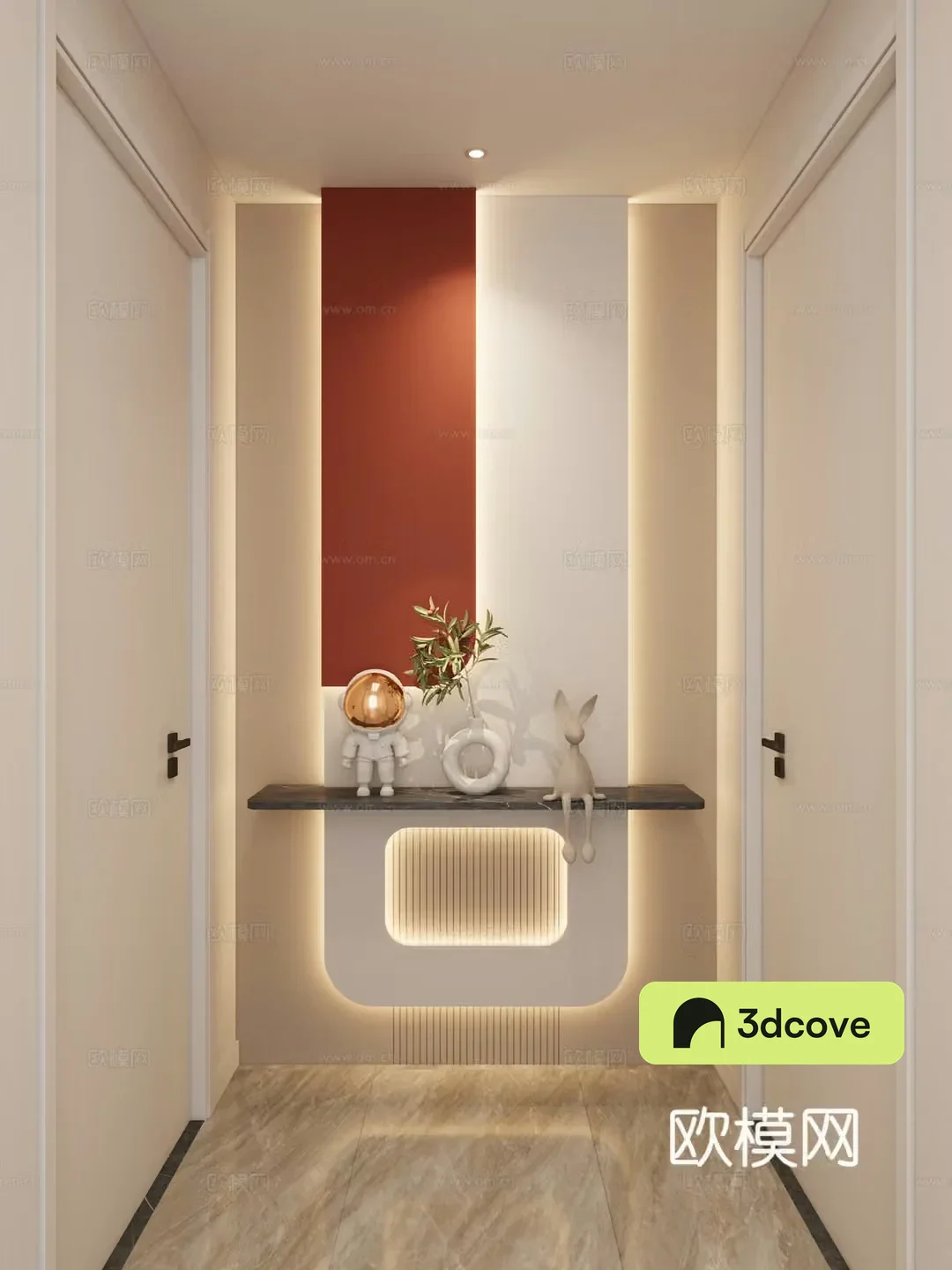 Cream Simple Style Arc Lighting Grille Corridor End View Entrance