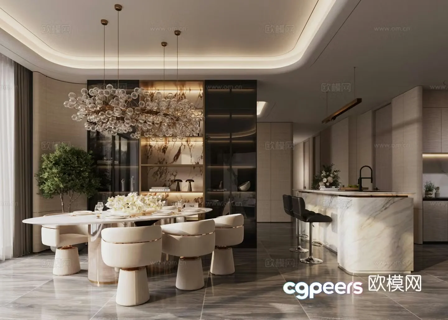 Modern home restaurant Island restaurant Round table restaurant Open restaurant Own light restaurant 3d model
