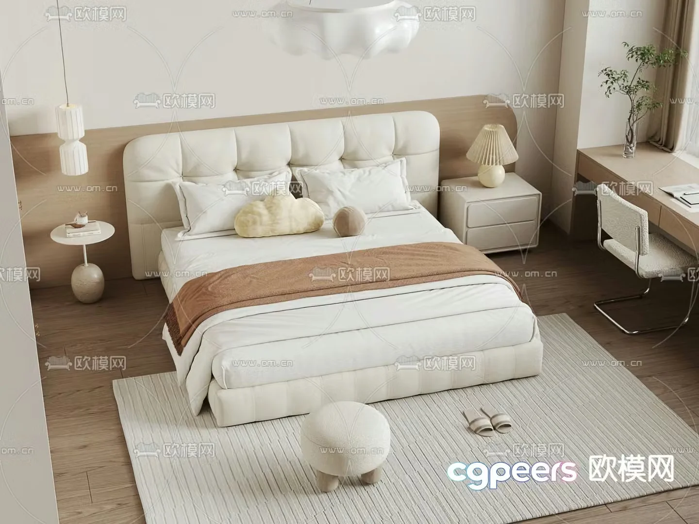 Cream style double bed 3d model