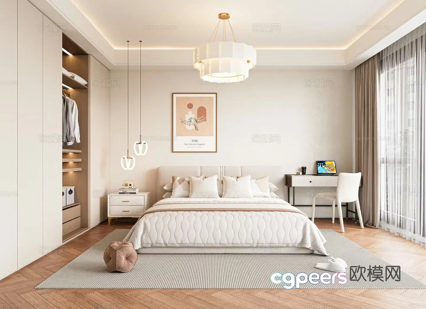Creamy style home bedroom 3d model