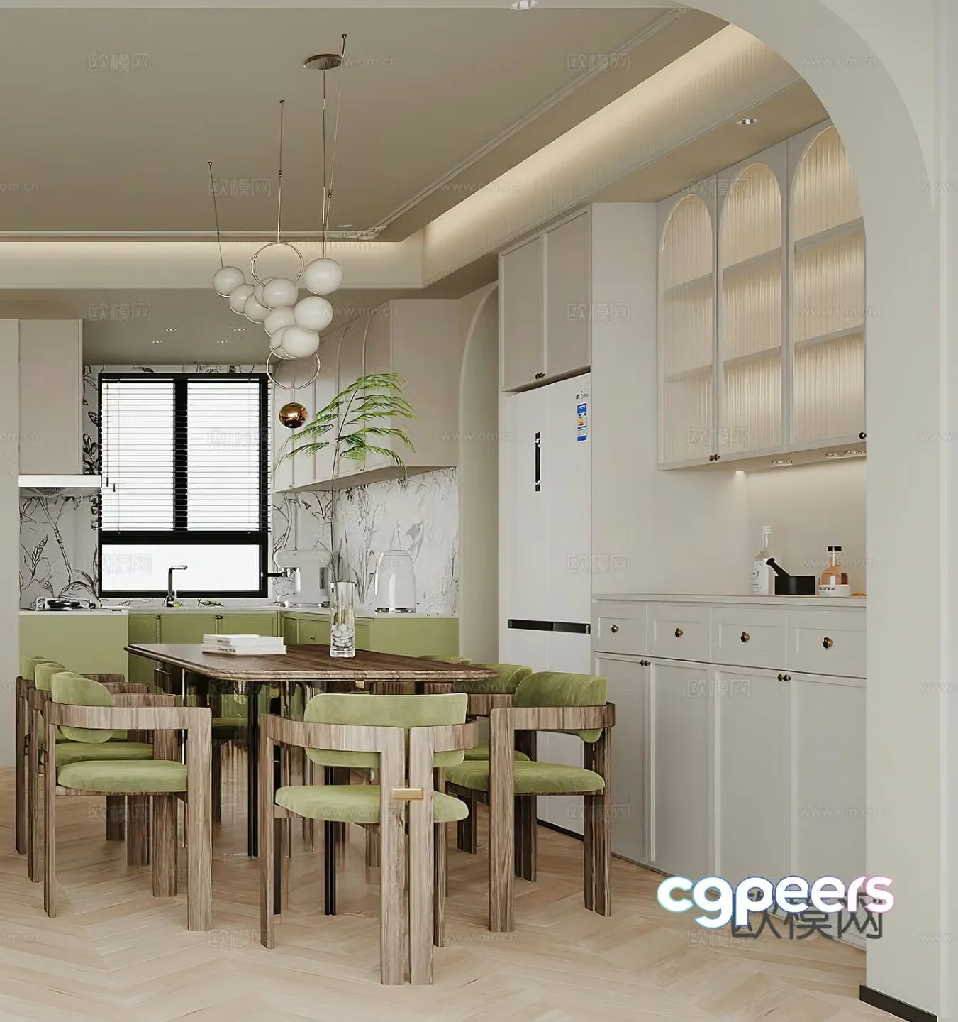 French restaurant dining table kitchen wine cabinet modern restaurant simple chandeliers creamy restaurant 3d model