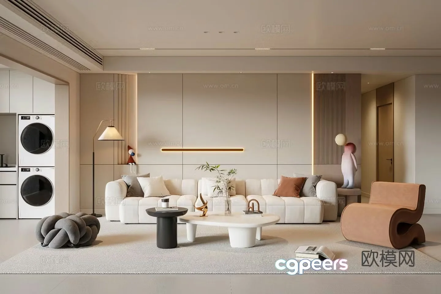 Modern creamy living room sofa coffee table multi-person sofa casual sofa floor lamp 3d model