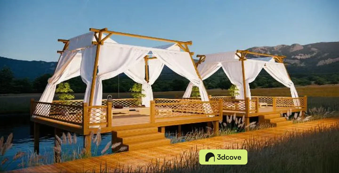 A Serene Outdoor Setting With A Wooden Dock And White Canopy