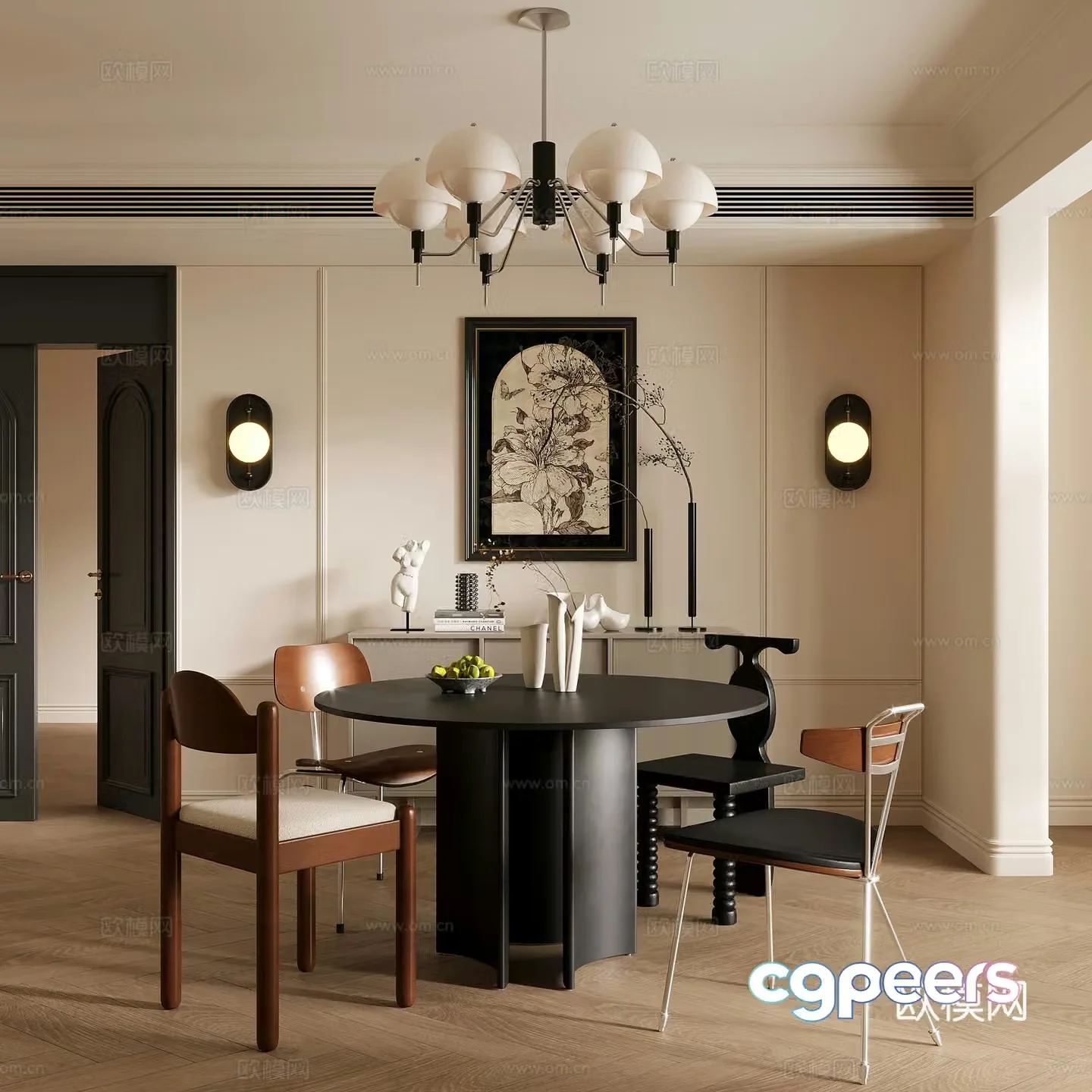 French retro style restaurant dining table and chair combination chandelier sideboard 3D model