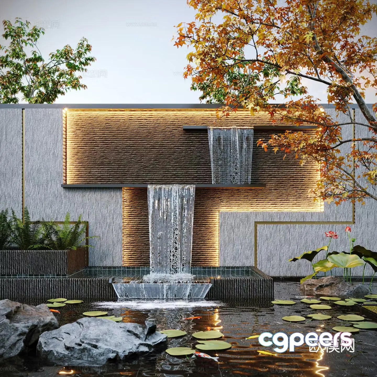 Modern water landscape courtyard waterscape stacked water fish pond landscape wall 3d model