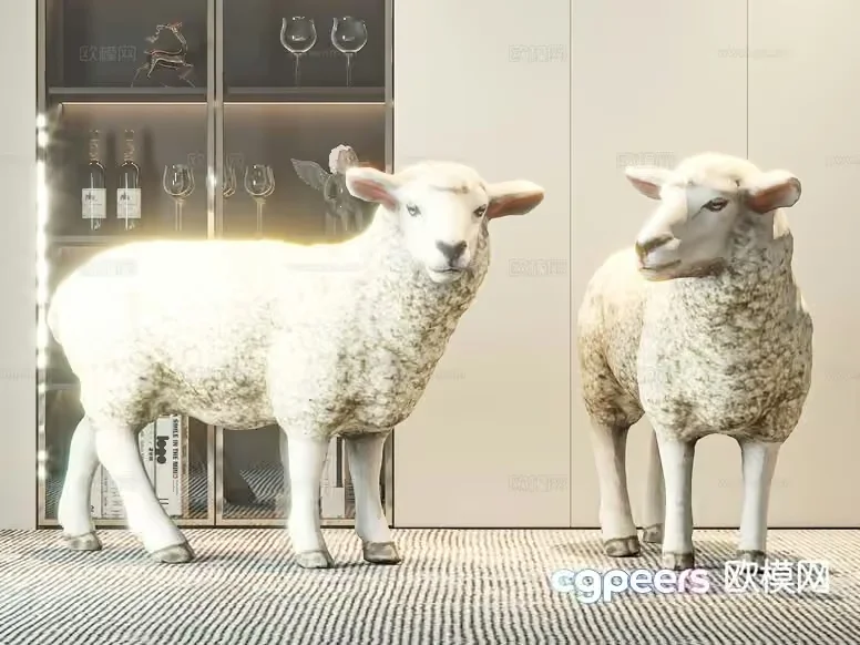 A Pair Of White Sheep Statues 3D Model – 13242 – VRAY Render
