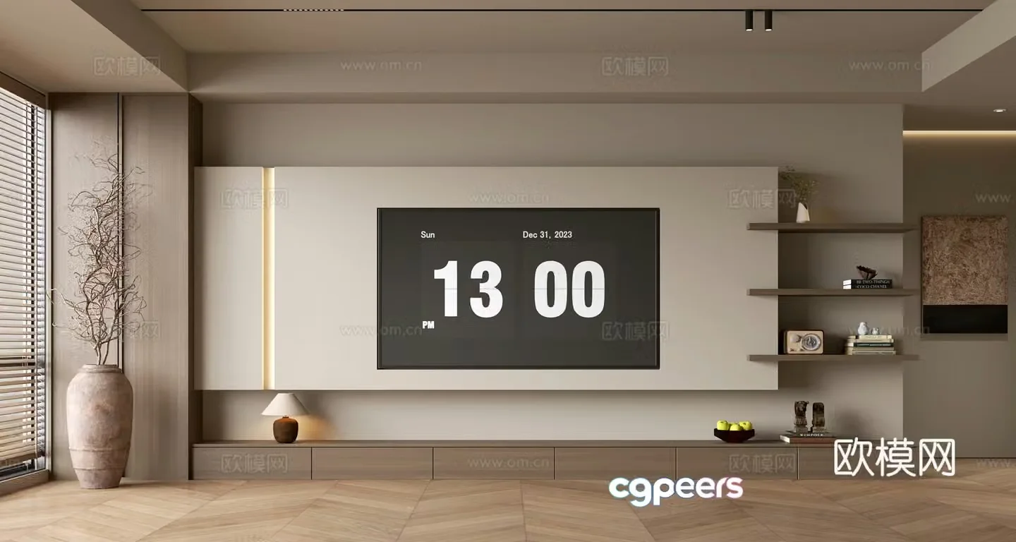 The ancient TV background wall of the TV cabinet and the background wall of the modern Wasabi style living room The ancient style 3D model