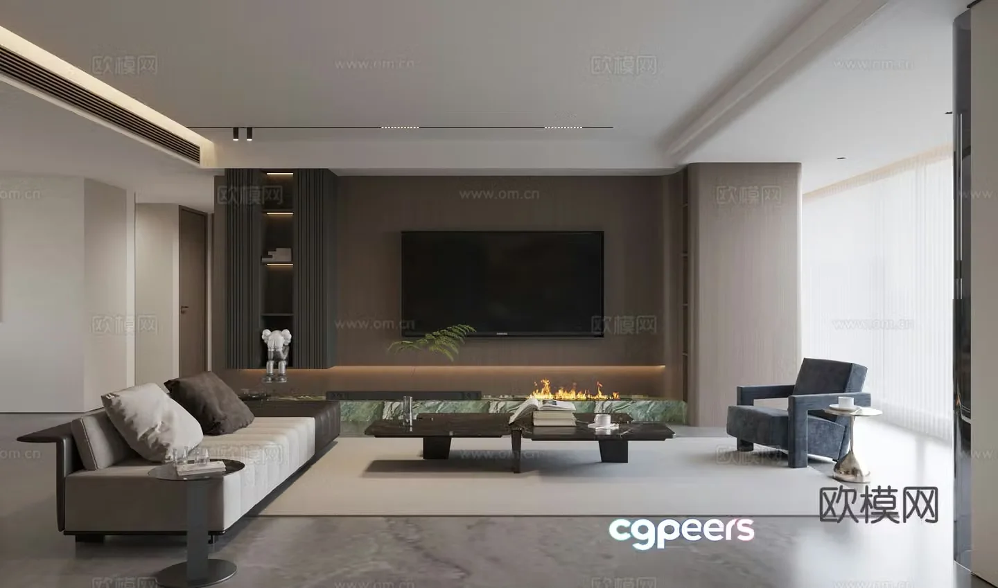 Italian home living room large and small living room sofa and coffee table combination TV background wall 3D model