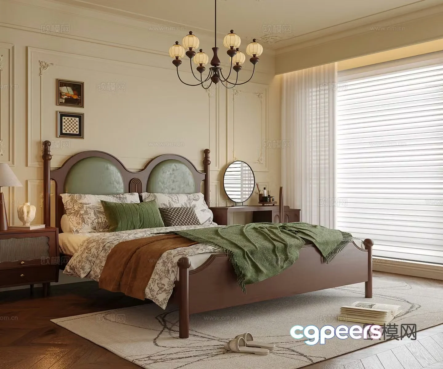 French bedroom double bed bedroom chandeliers bedside table 3d model