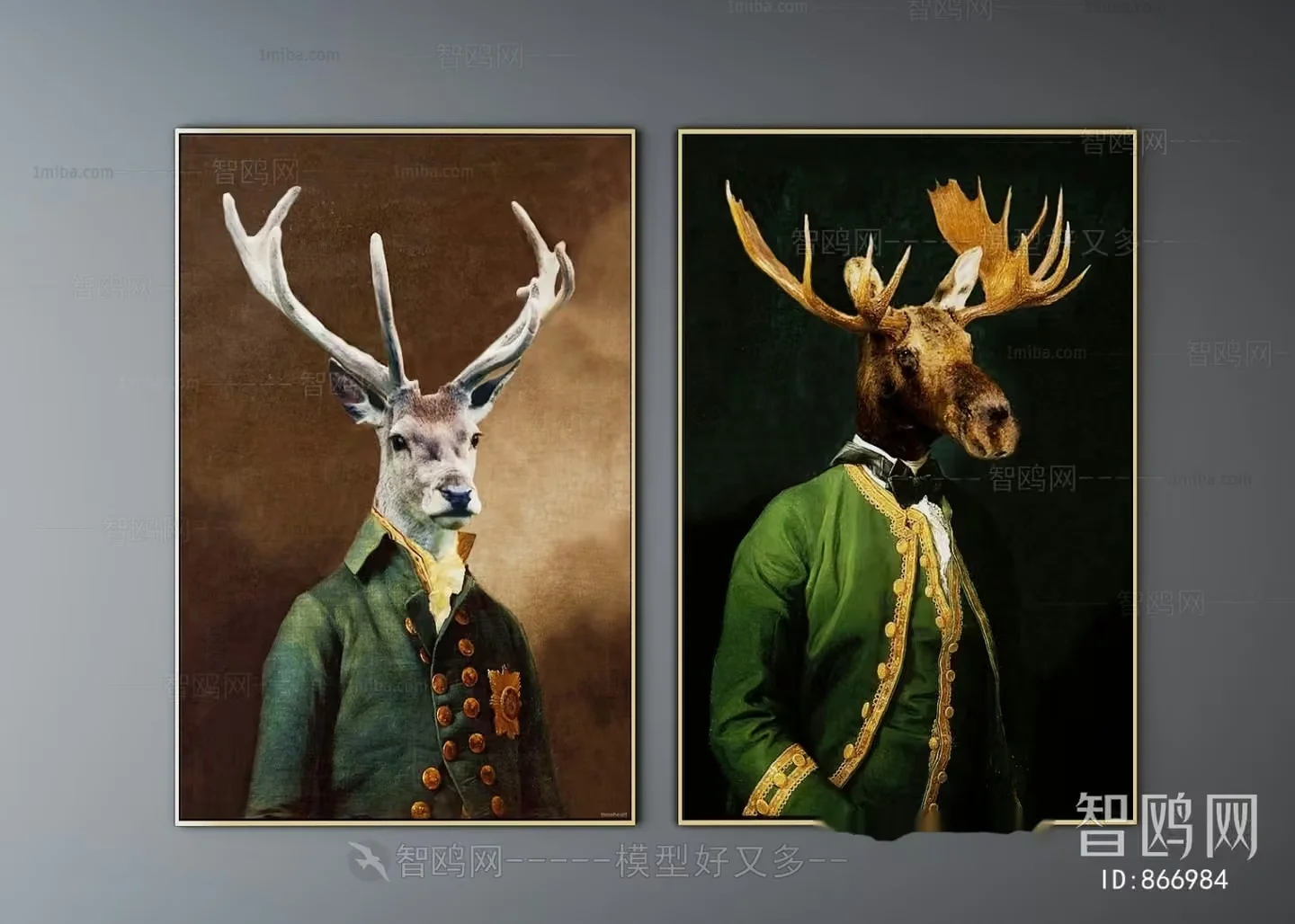 A Pair Of Portraits Of A Deer And A Moose In Green Coats 3D Model – 3744 – VRAY Render