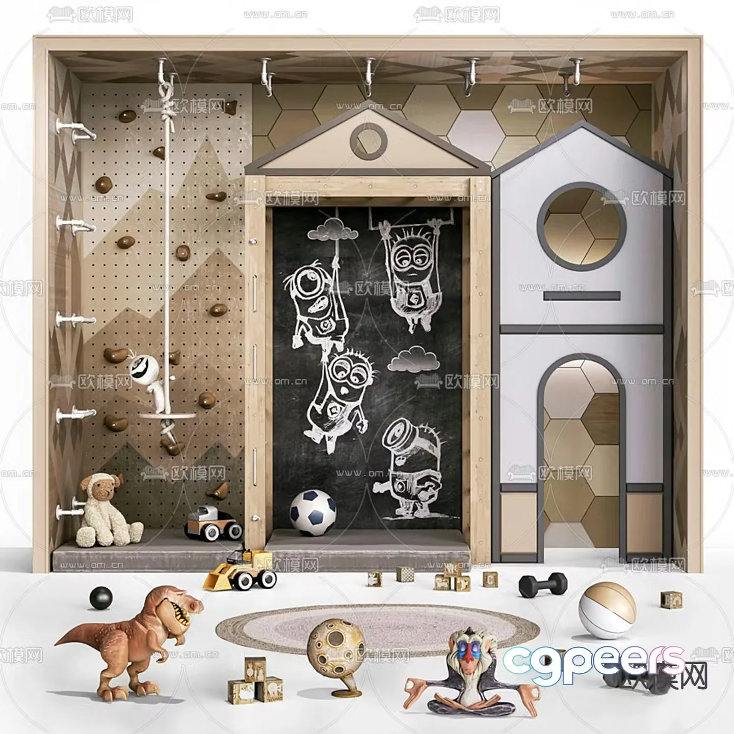 Modern log children climbing wall graffiti blackboard 3d model