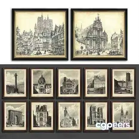 A Collection Of Framed Black And White Cityscape Paintings 3D Model – 6442 – VRAY Render