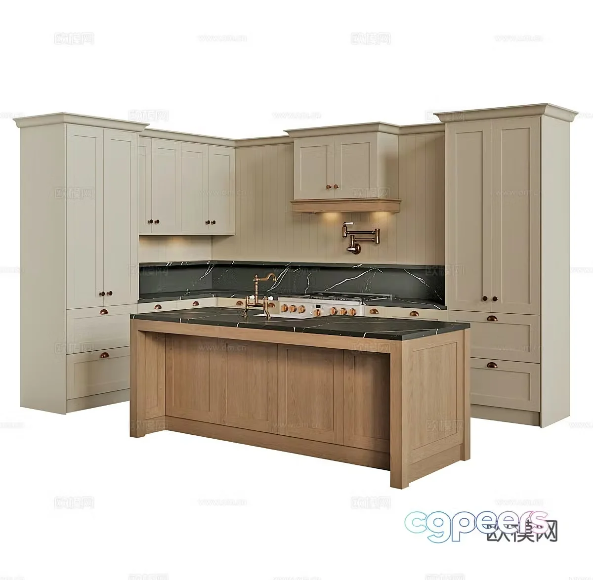 Open kitchen Simple European cabinets Classical cabinets Kitchen island Kitchen supplies Kitchen appliances 3D model