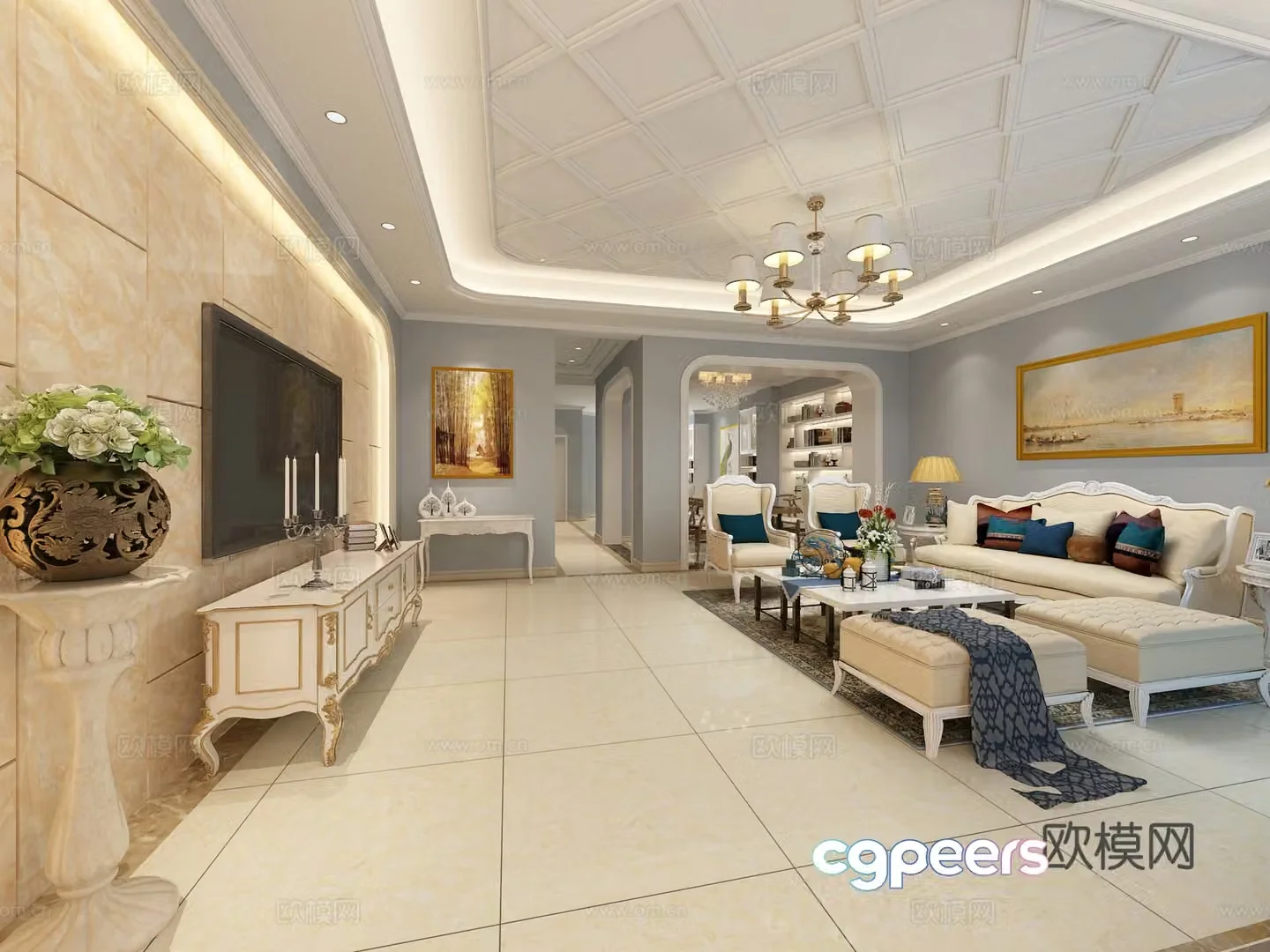 European-style simple living restaurant dining table and chair sofa coffee table chandelier desktop ornaments hanging painting 3D model