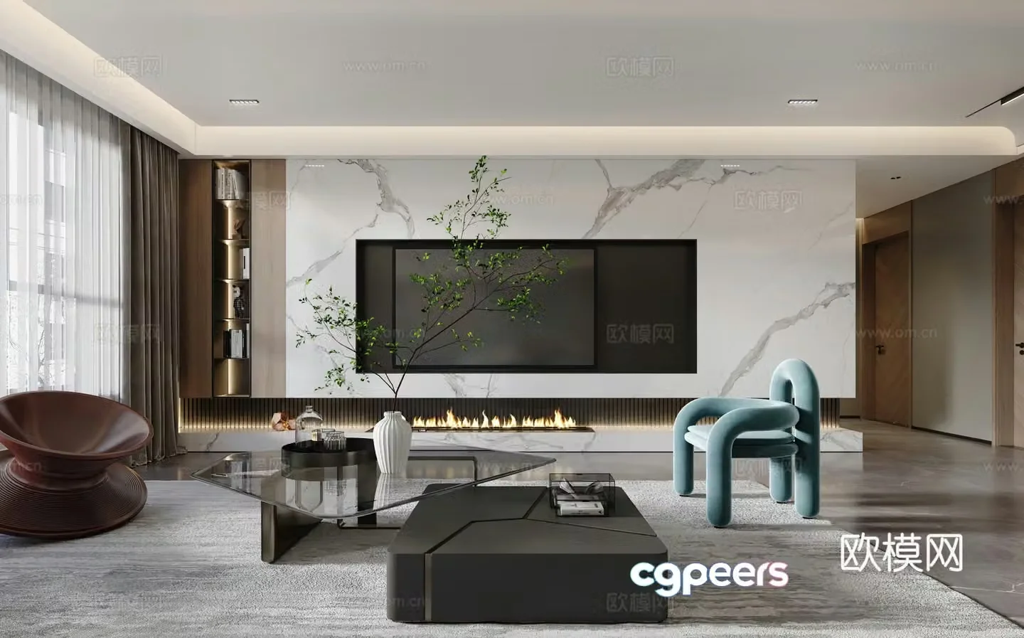 Modern living room TV background wall fireplace lounge chair modern living room simple 3d model