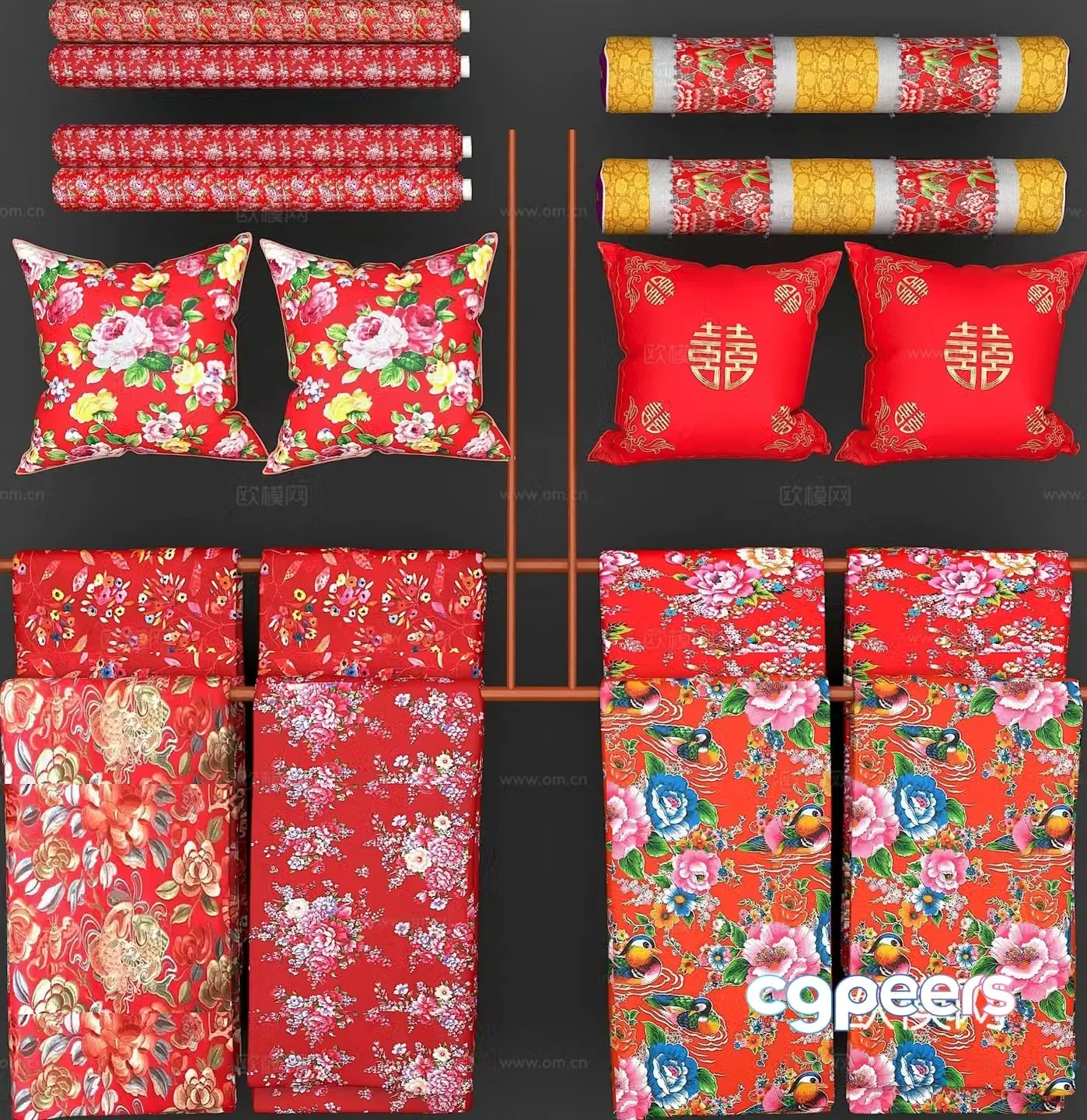 Chinese festive pillow pillow bedding quilt home textile 3D model