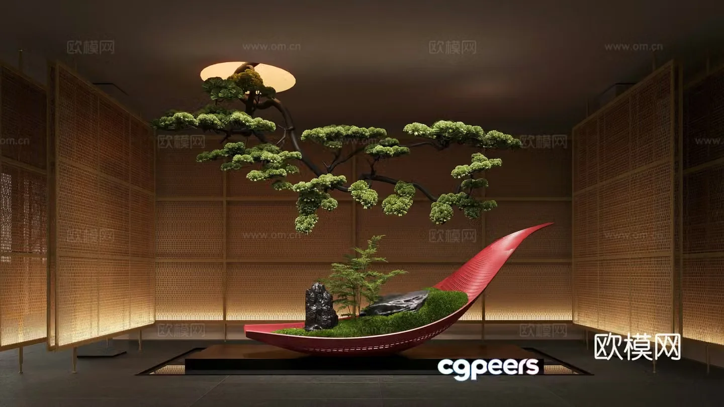 New Chinese indoor landscaping plant installation landscape landscaping 3D model of upside down pine trees