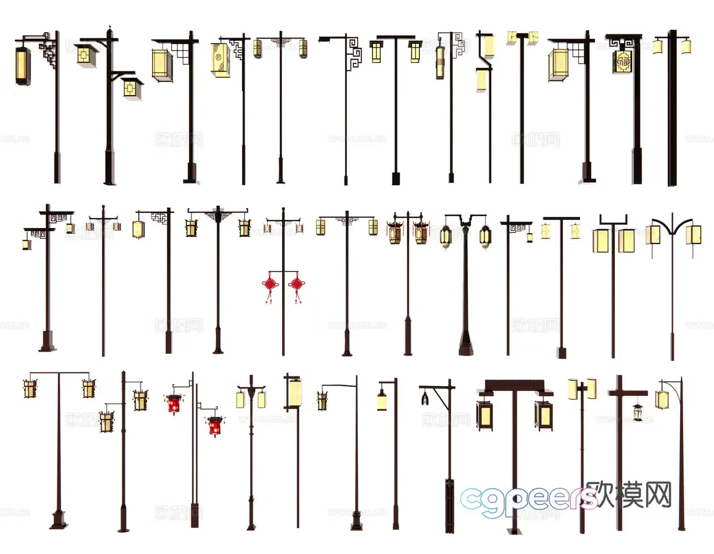 New Chinese-style street lights landscape lights courtyard lights decorative lights hanging lights high pole lights outdoor lamps 3D model