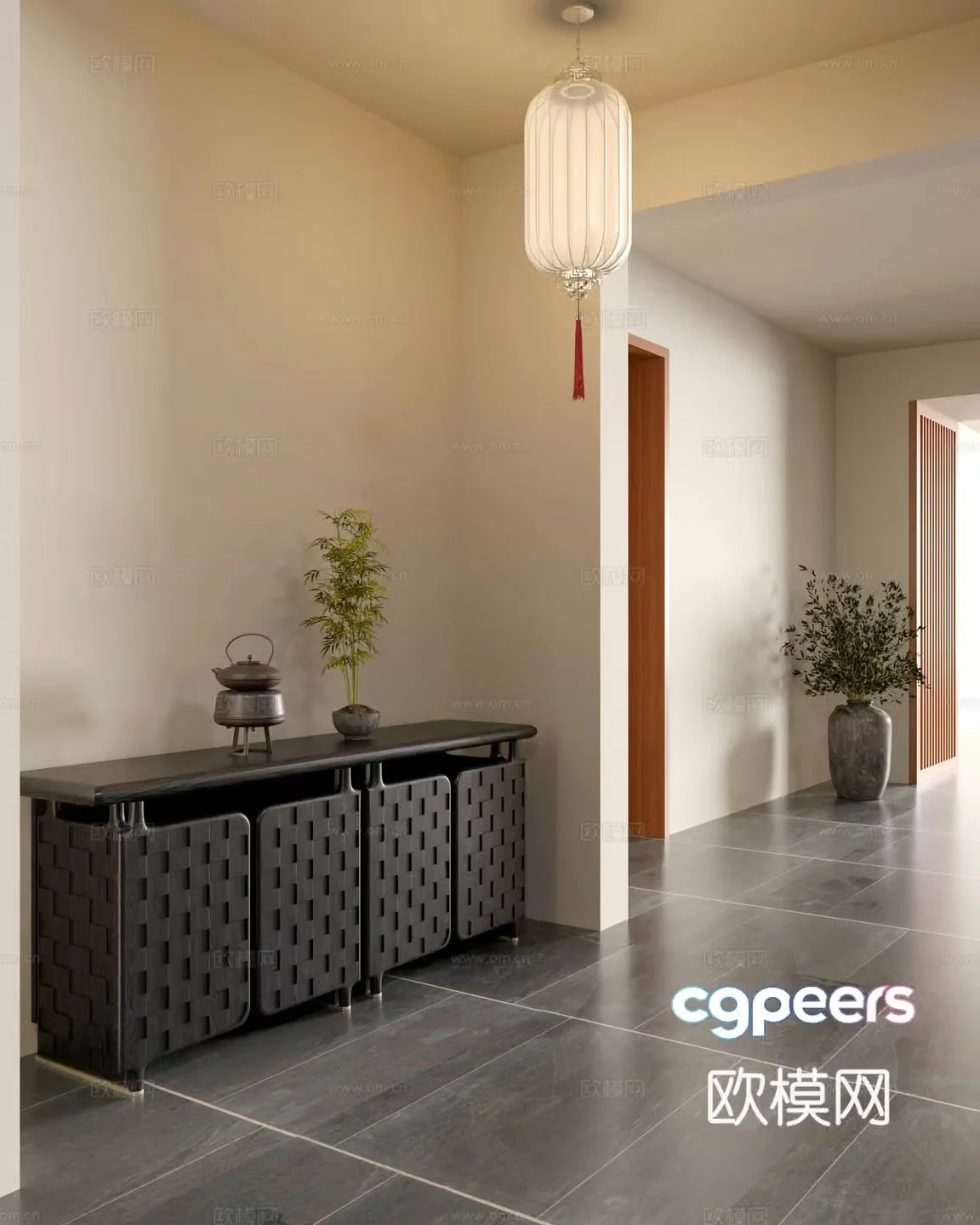 New Chinese style entrance cabinet Song style entrance cabinet Aisle Middle-aged side cabinet Low cabinet Green plants Lantern 3D model