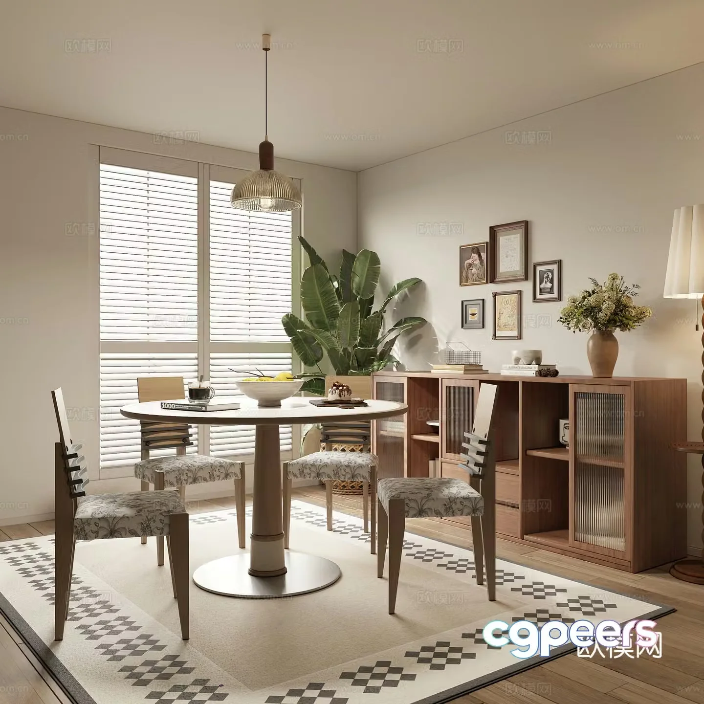 Modern medieval restaurant retro dining table dining table chair round table low cabinet side cabinet ornament 3d model