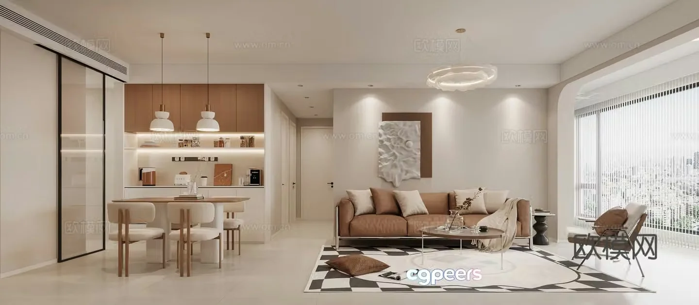 Creamy style dining room sofa combination dining table and chair wine cabinet chandeliers hanging painting 3D model