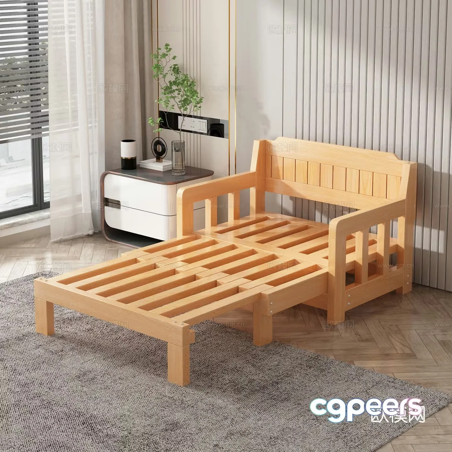 Solid wood sofa bed Folding bed Push and pull bed Multifunctional bed Fabric sofa bed Bedside table 3D model