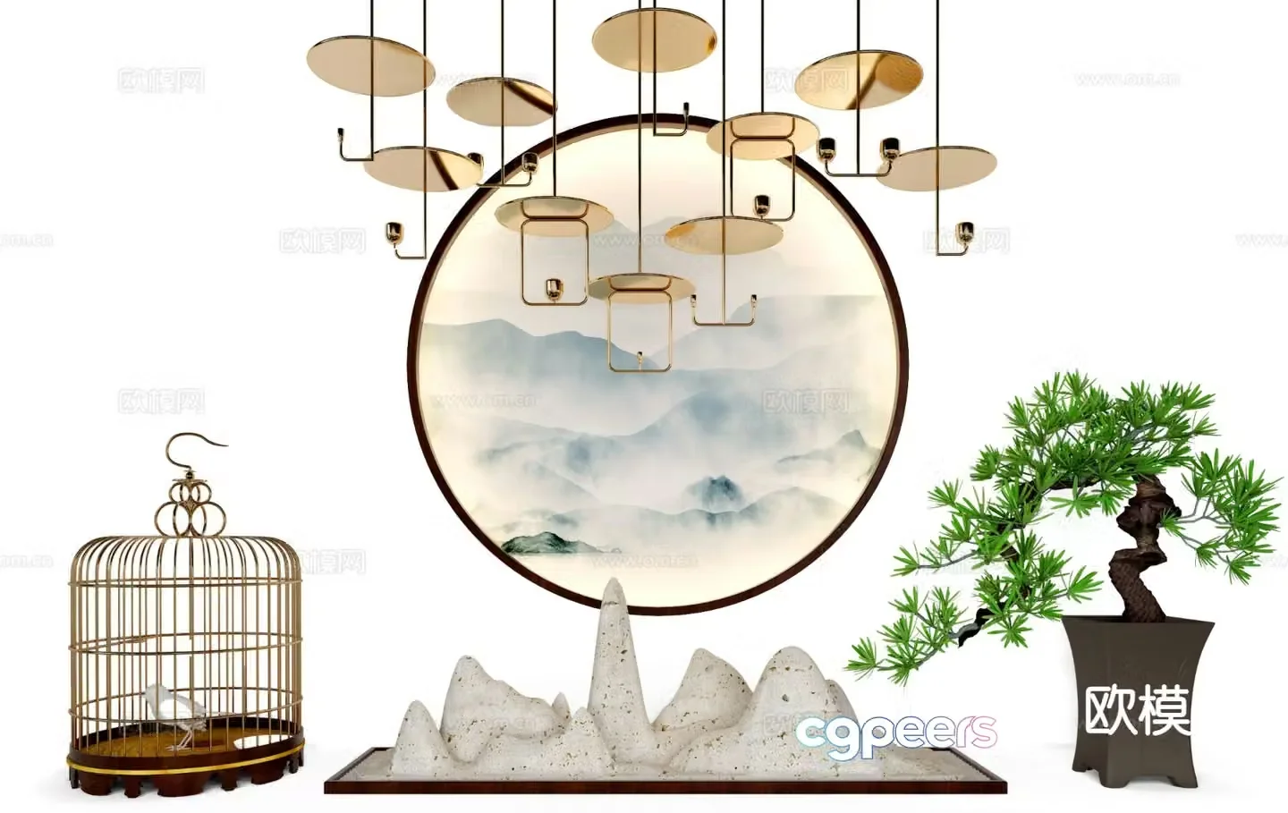 New Chinese style decorations table decorations birdcages potted plants 3D model