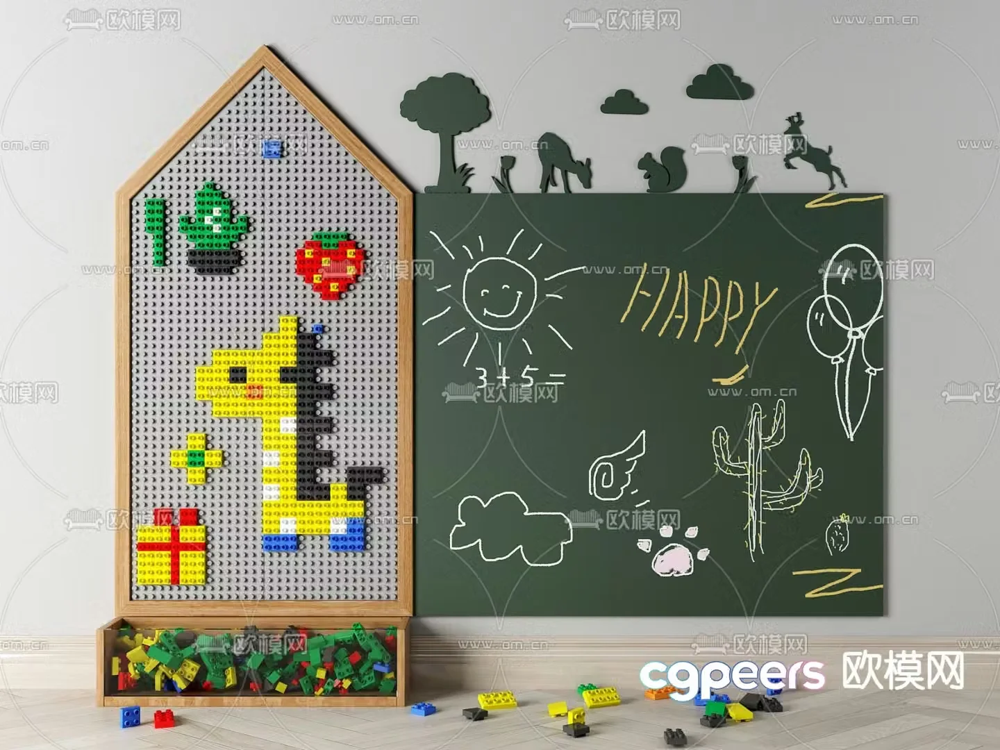 Modern toy building blocks blackboard wall 3d model