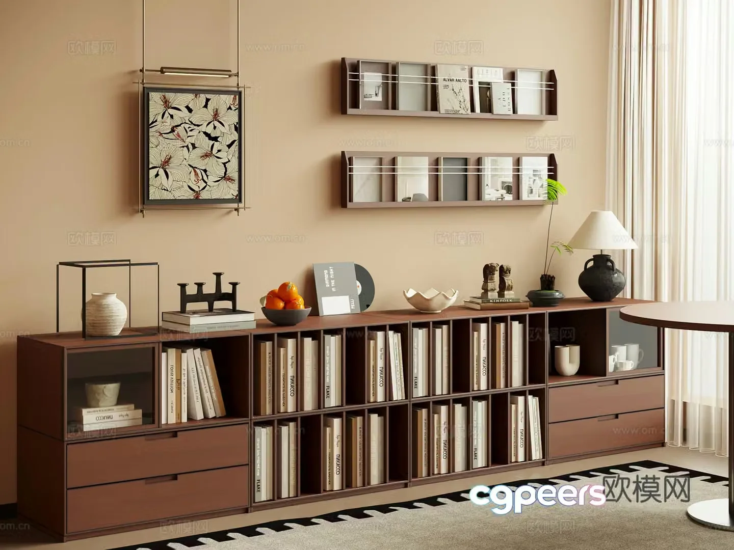 Middle-aged bookcase low cabinet floor cabinet decorative hanging painting 3D model
