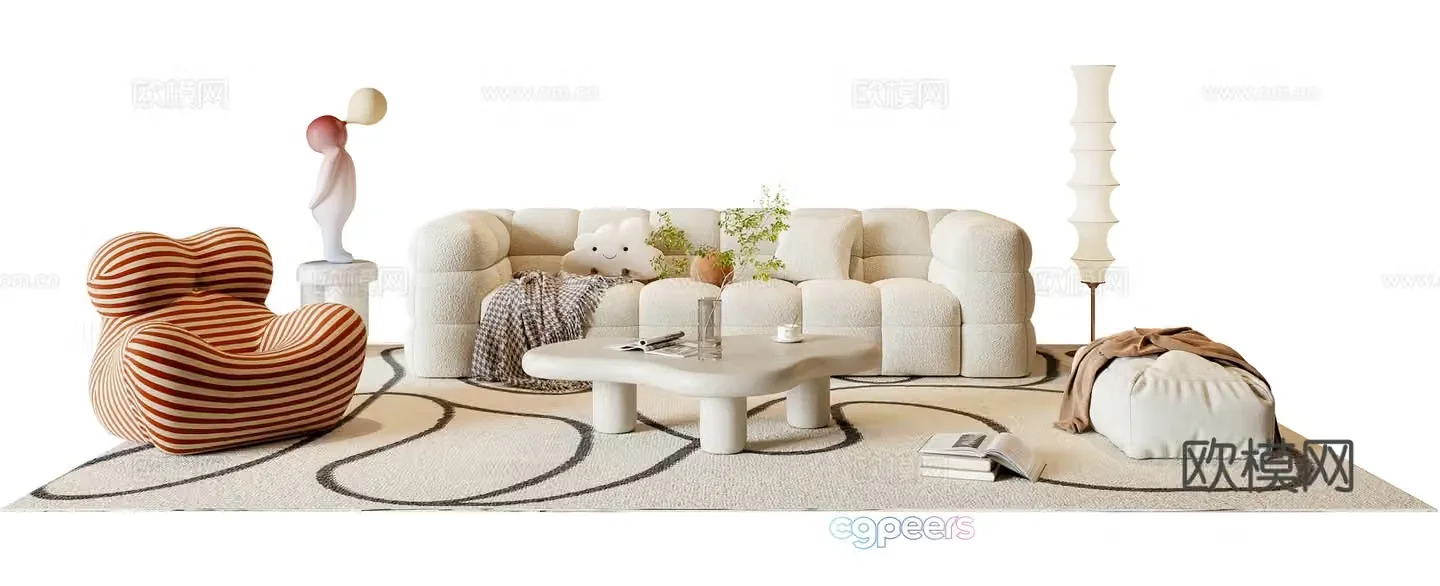 Modern cream style sofa coffee table combination 3D model