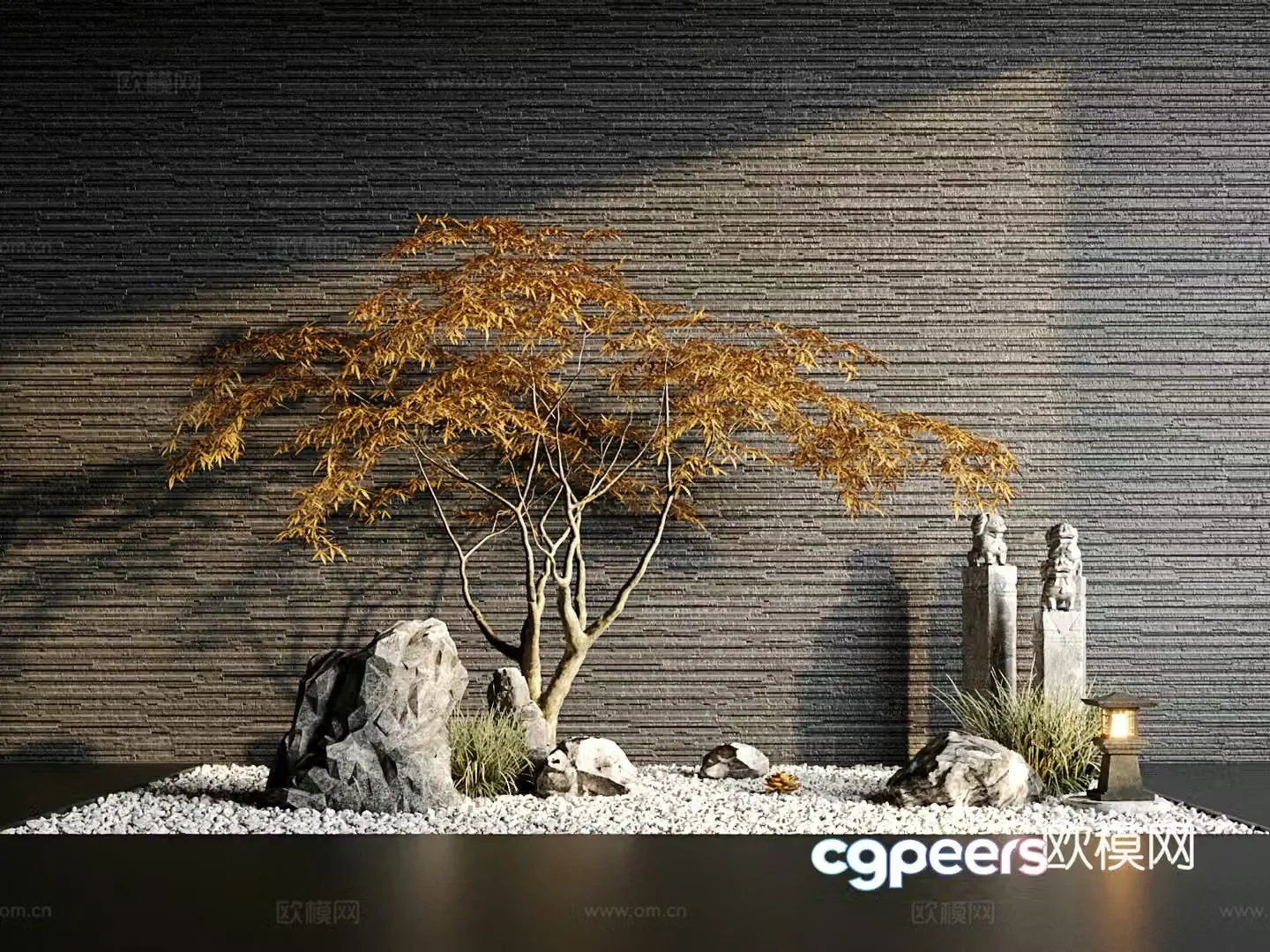 New Chinese-style landscaping stone stone lion landscape light tree maple leaf 3d model