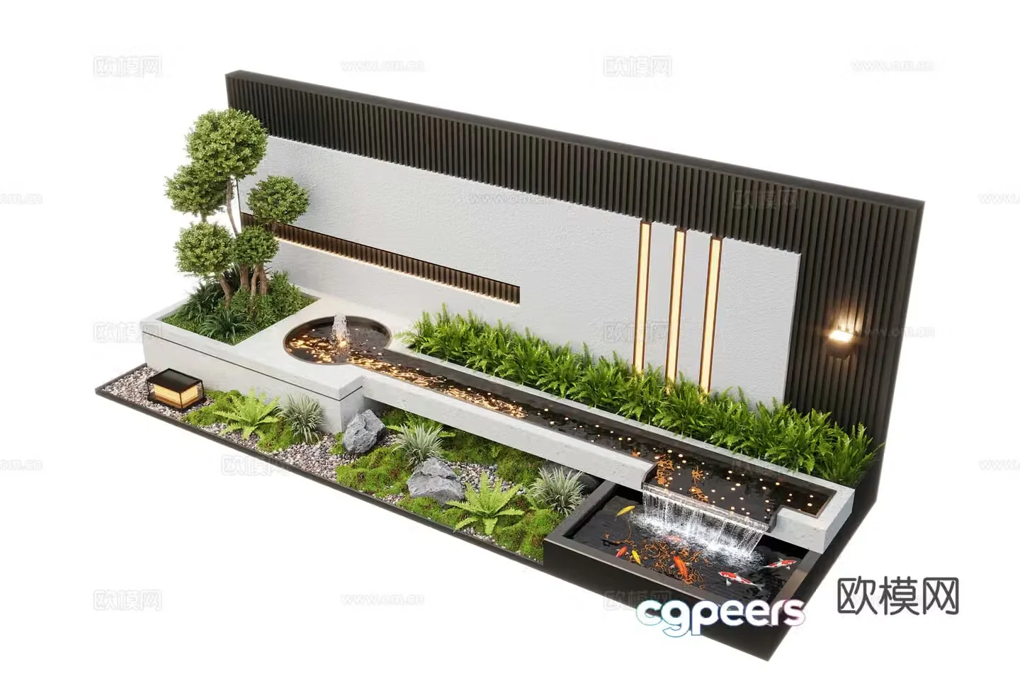 Modern courtyard waterscape waterscape wall stacked water plants landscape sketch fish pond 3d model