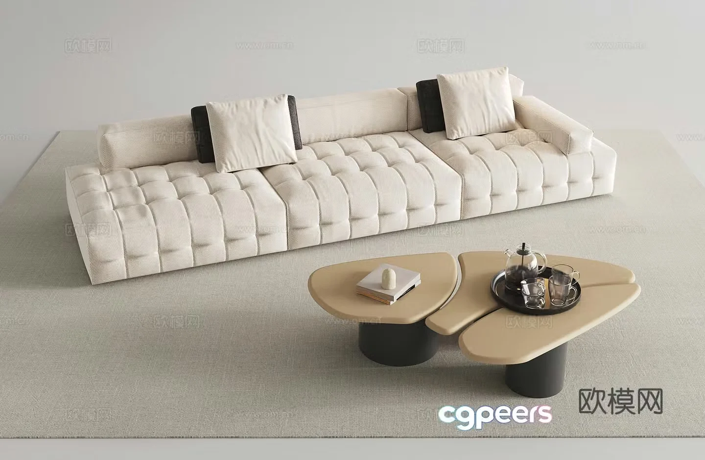Multi-person sofa sofa coffee table combination fabric sofa 3D model