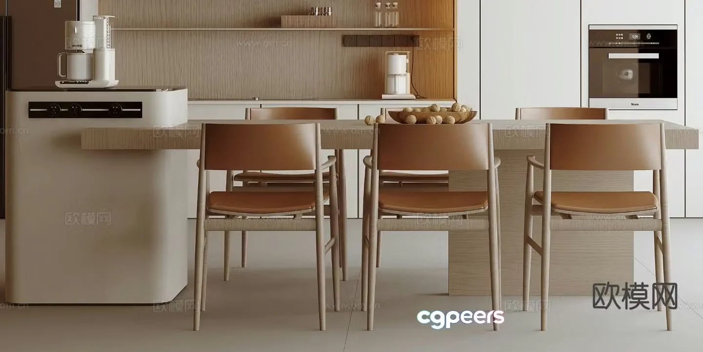 Cream wind island dining table and chairs 3d model