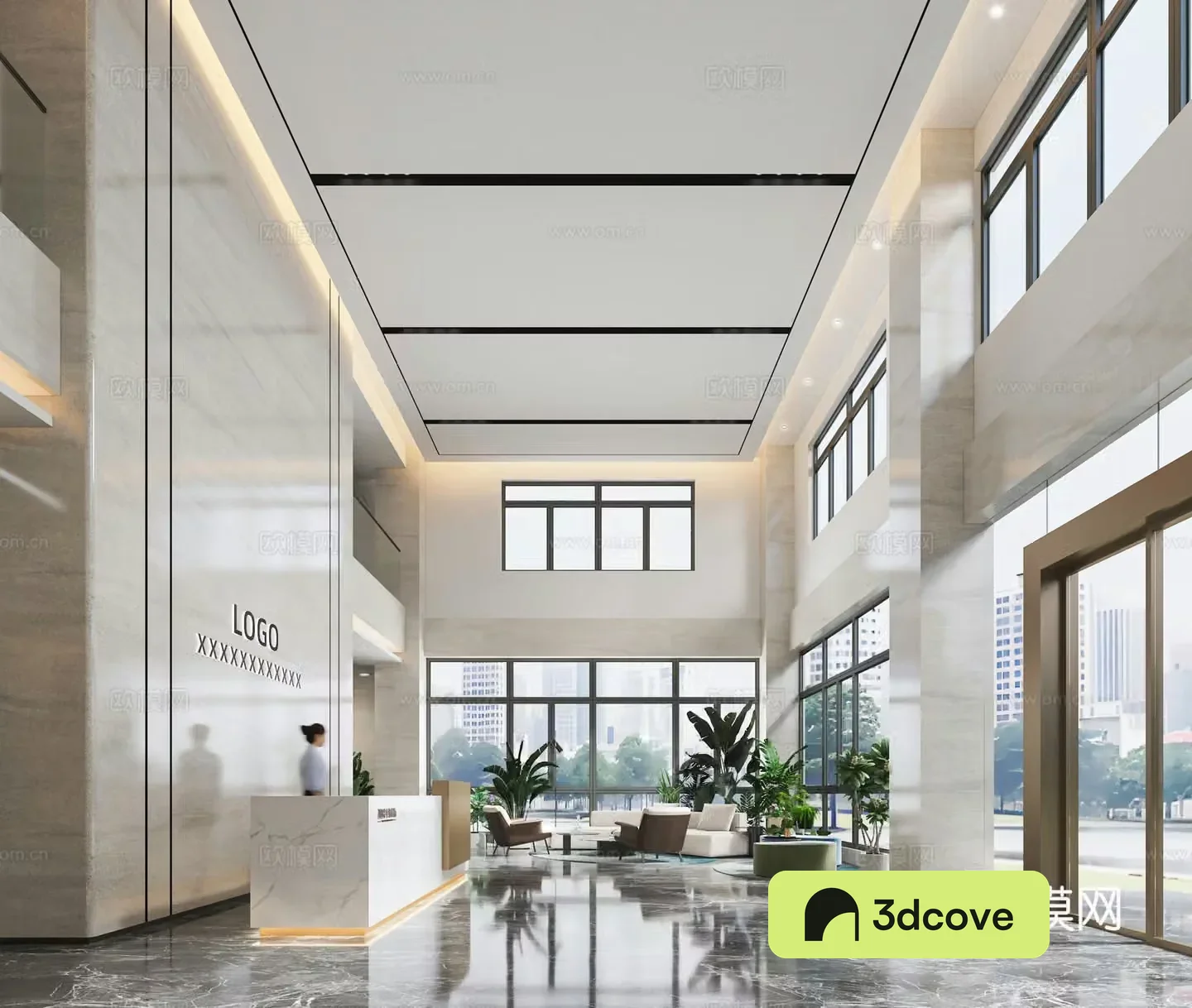 Modern office lobby reception and lounge area