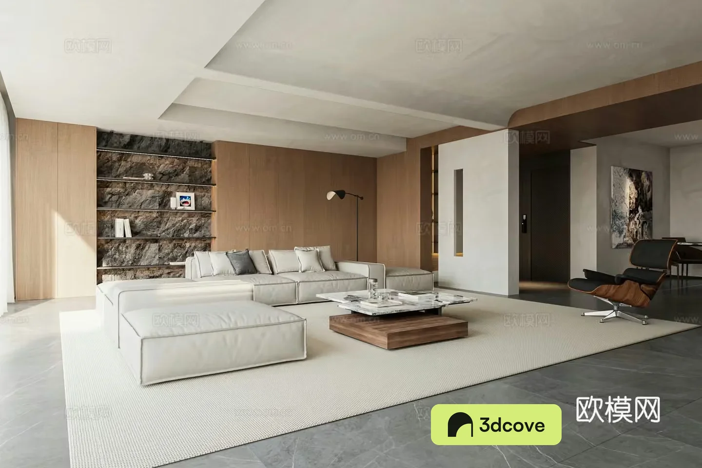 Modern light luxury living restaurant Tofu block sofa Chieftain chair Large flat horizontal hall No main light