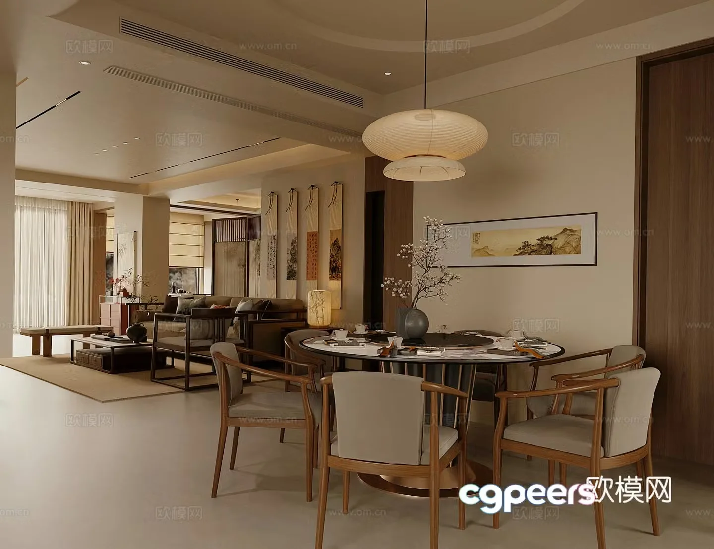New Chinese Zen Living Restaurant Song Style Living Restaurant Song Style Aesthetic Living Restaurant Sofa Coffee Table Combination 3D Model